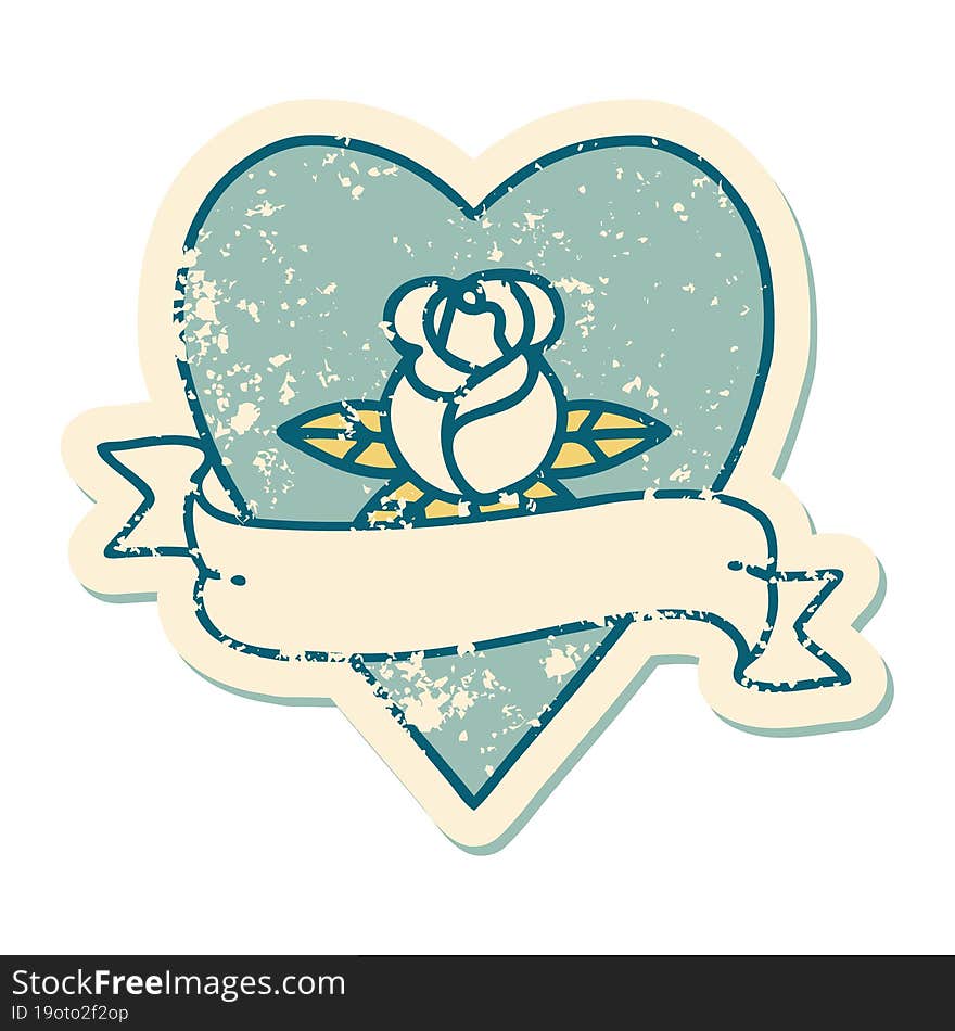 distressed sticker tattoo style icon of a heart rose and banner