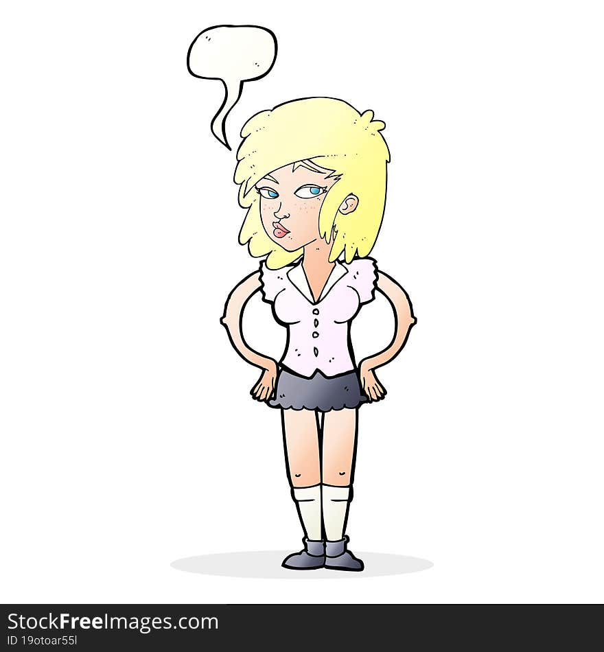 cartoon pretty woman with hands on hips with speech bubble