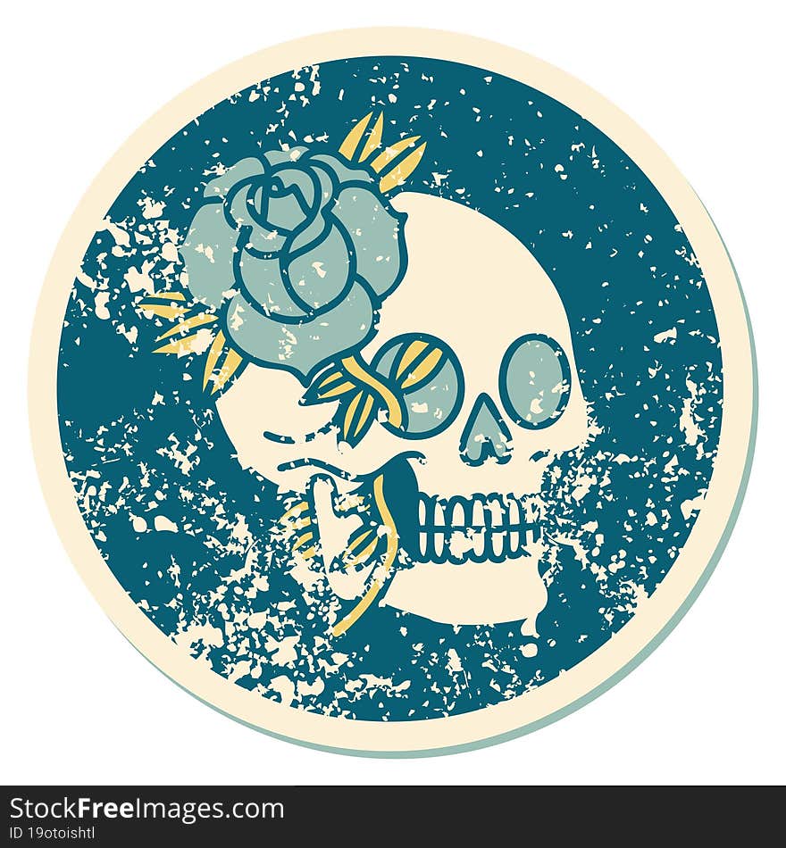 distressed sticker tattoo style icon of a skull and rose