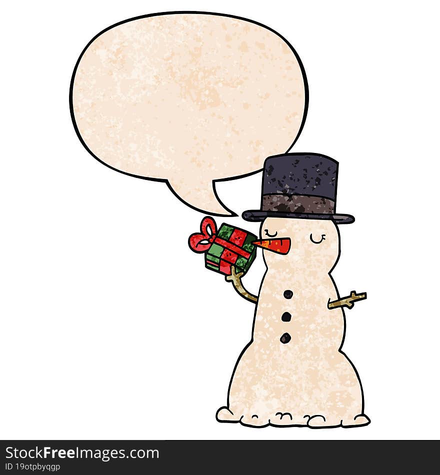 cartoon snowman and speech bubble in retro texture style