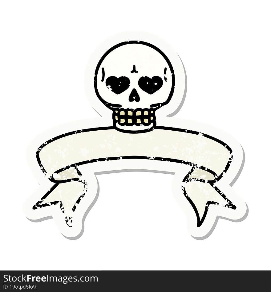 grunge sticker with banner of a skull