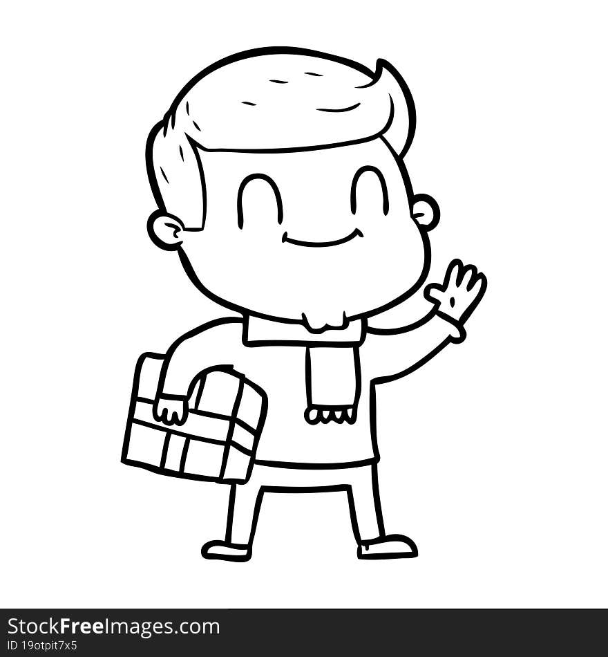 cartoon friendly man with xmas gift. cartoon friendly man with xmas gift