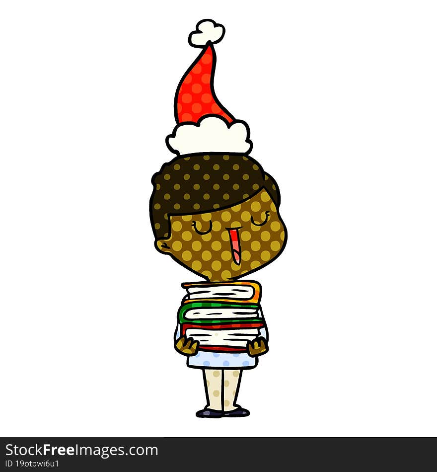 comic book style illustration of a happy boy with stack of books wearing santa hat