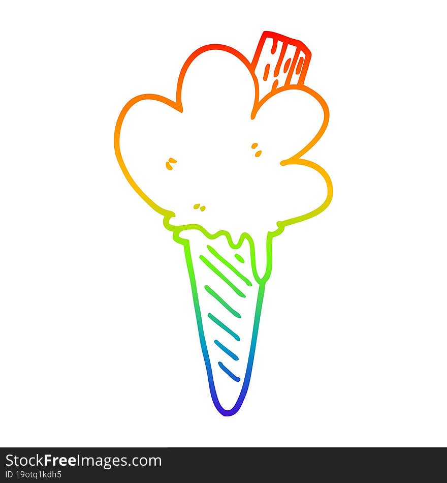 rainbow gradient line drawing of a cartoon ice cream cone