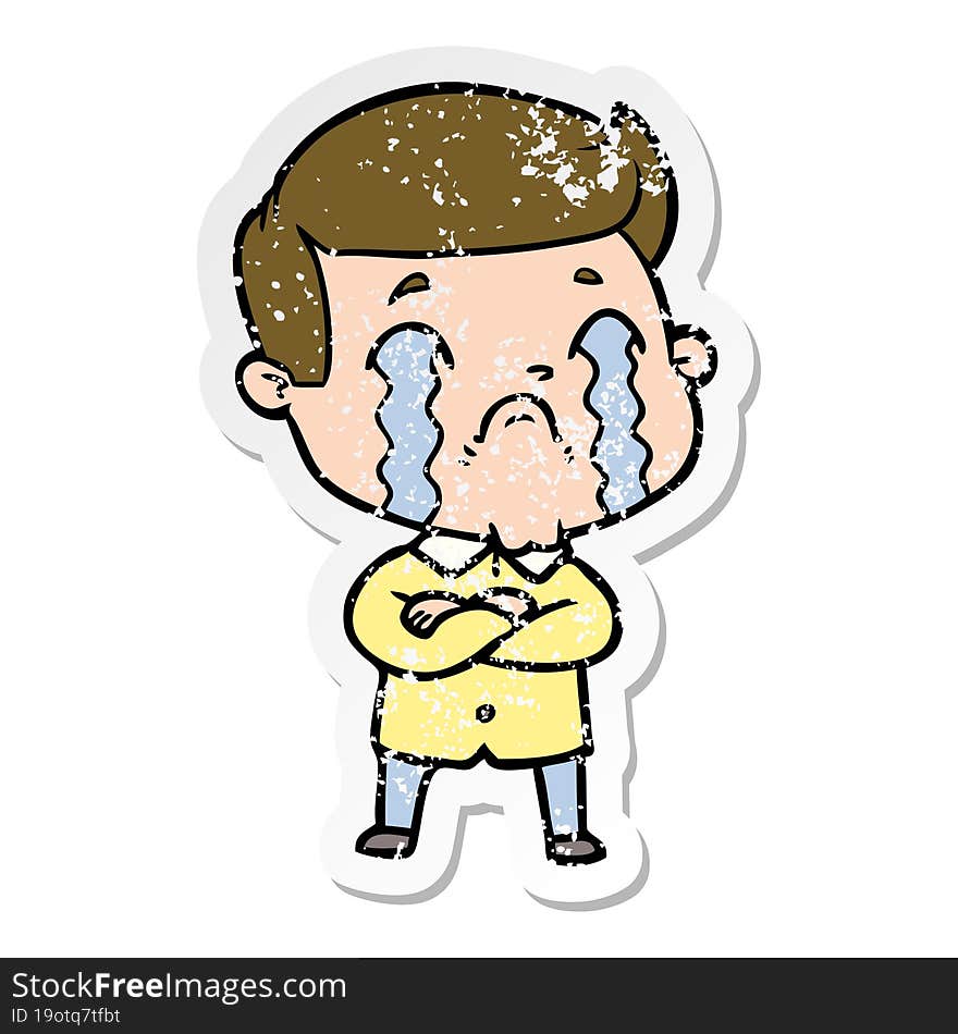 distressed sticker of a cartoon man crying