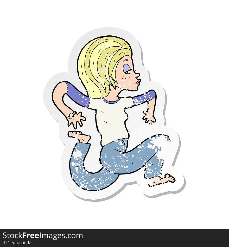 retro distressed sticker of a cartoon woman running