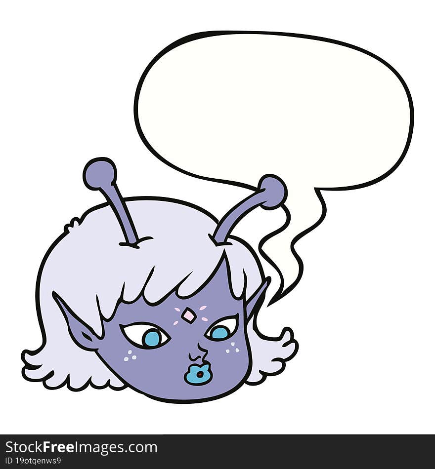 cartoon alien space girl face and speech bubble