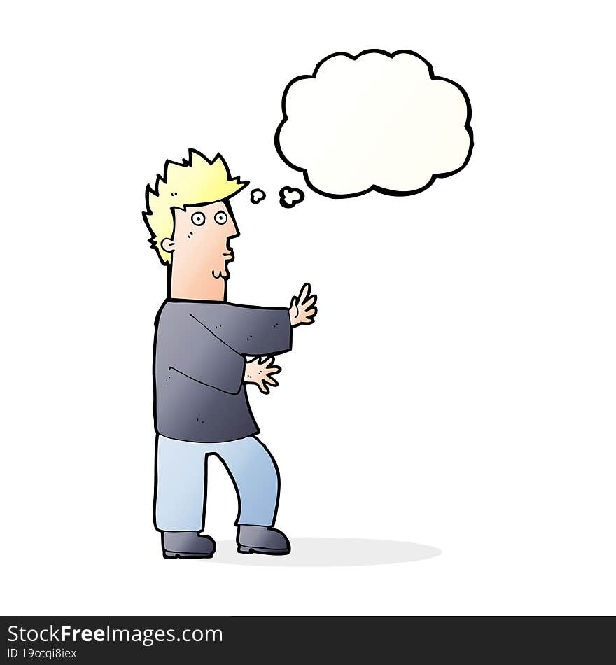 Cartoon Nervous Man Waving With Thought Bubble