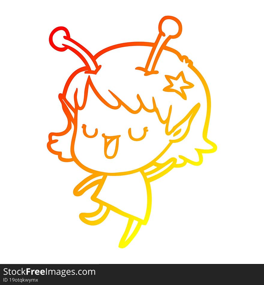 warm gradient line drawing of a happy alien girl cartoon laughing