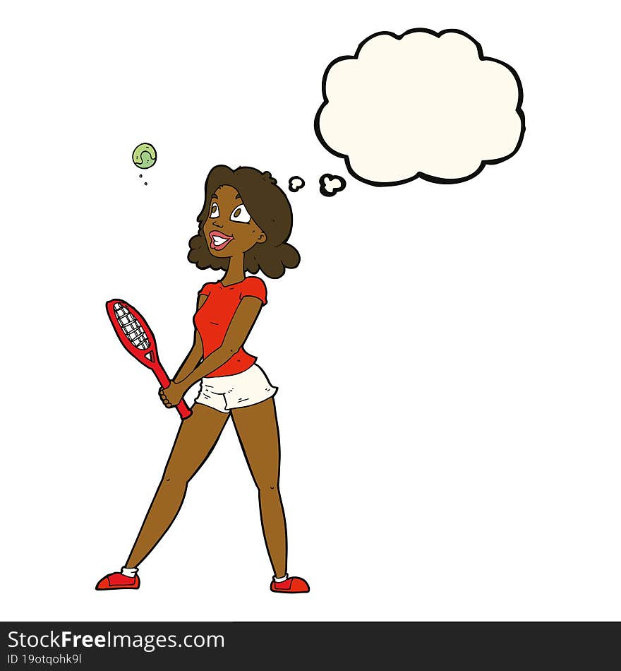 cartoon woman playing tennis with thought bubble