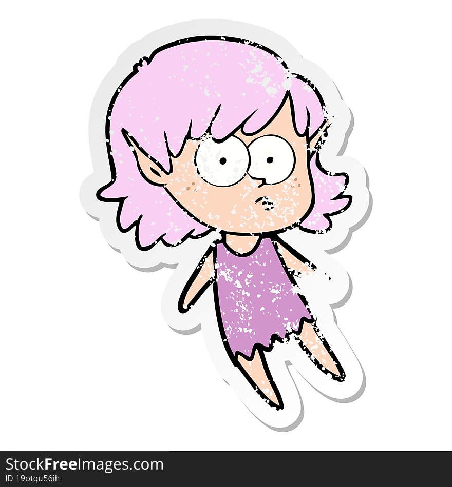 distressed sticker of a cartoon elf girl floating