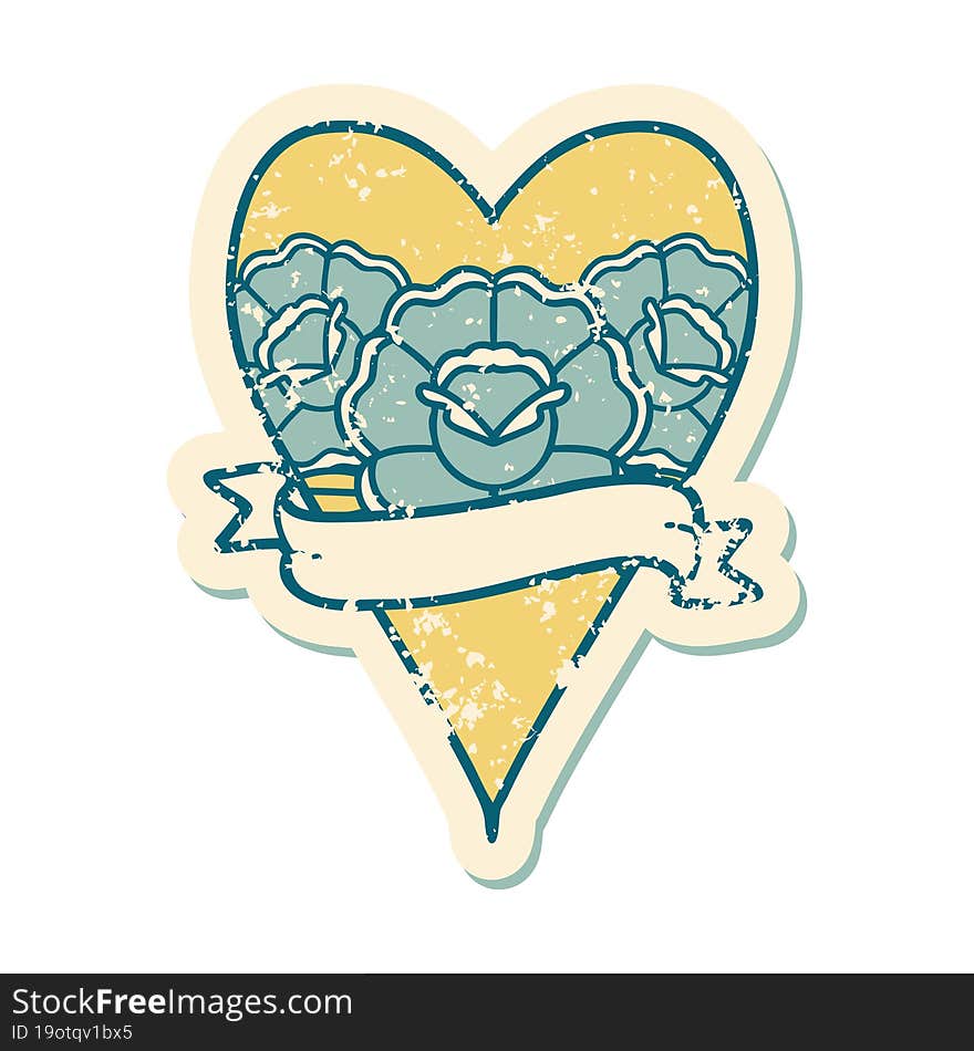 distressed sticker tattoo style icon of a heart and banner with flowers