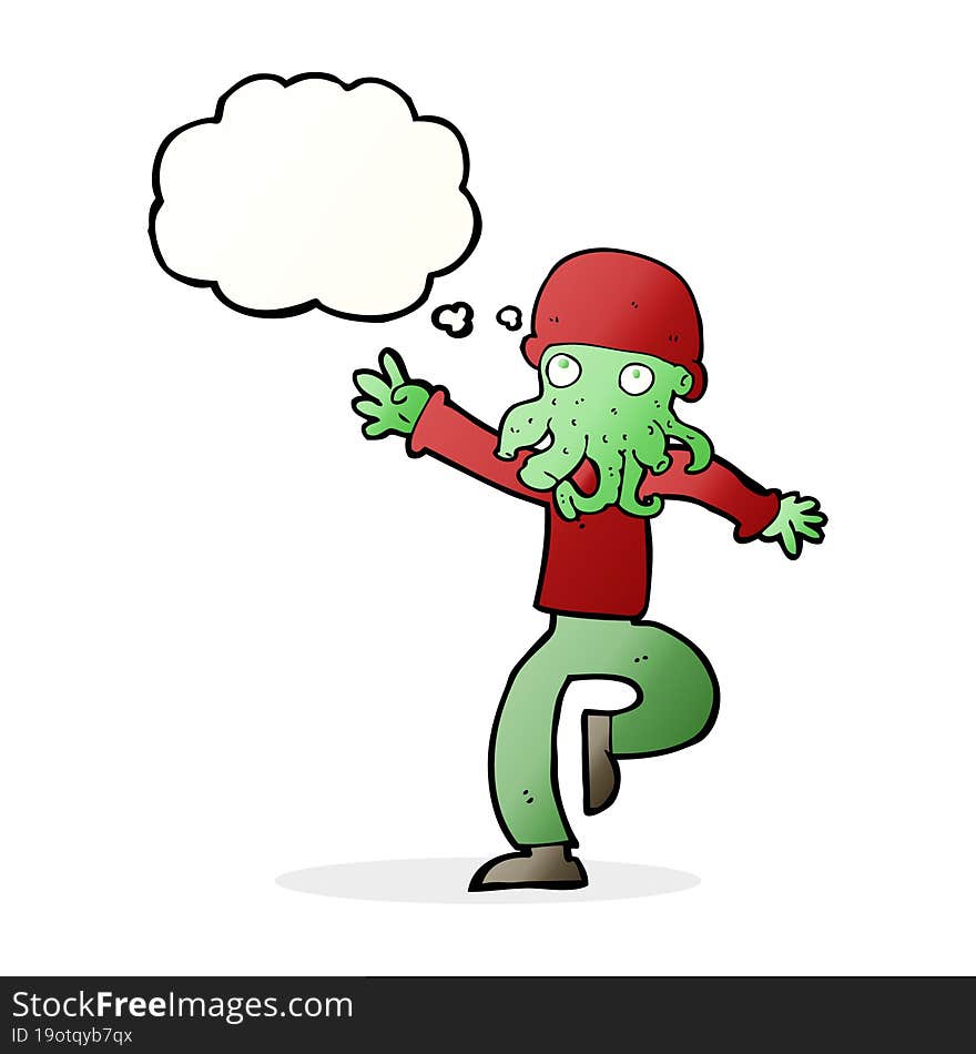 cartoon alien monster man with thought bubble