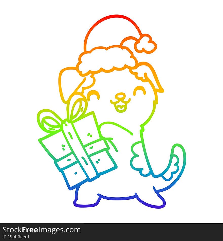 rainbow gradient line drawing of a cute cartoon puppy with christmas present and hat