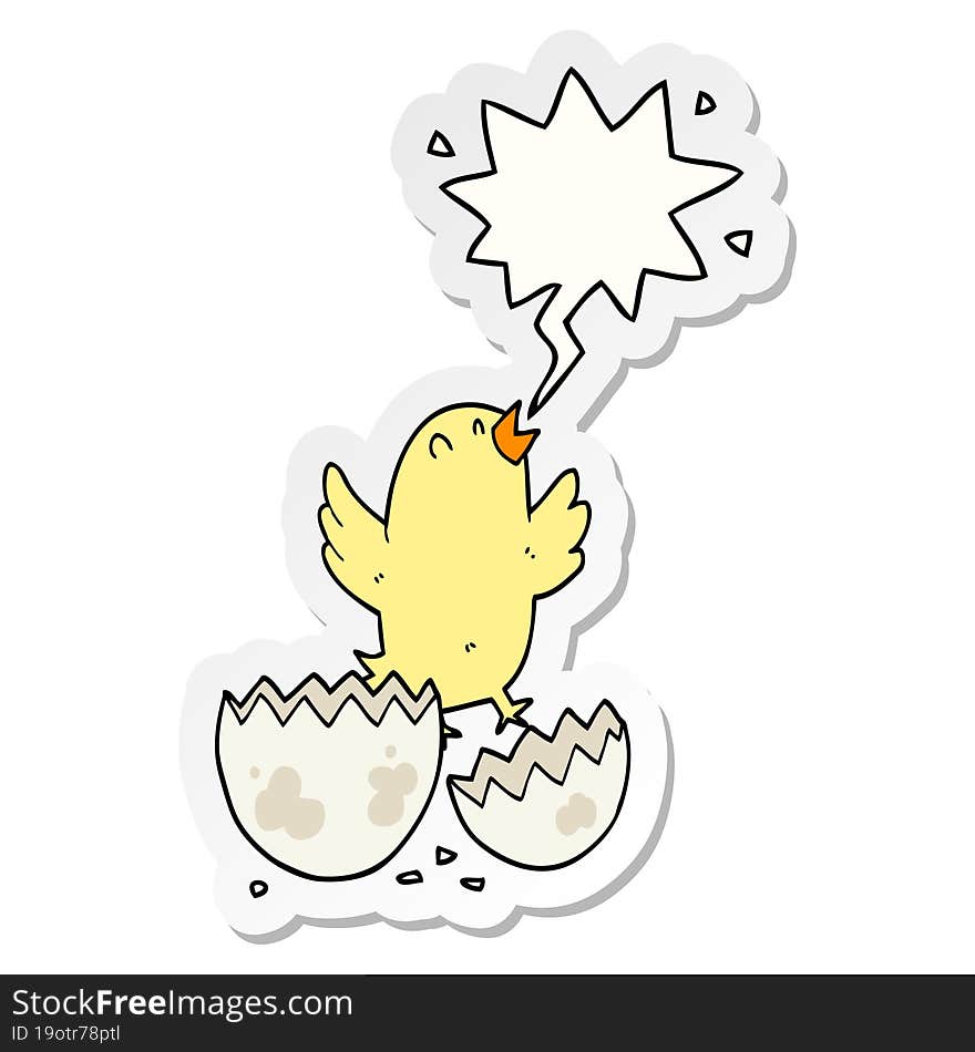 cartoon bird hatching from egg with speech bubble sticker