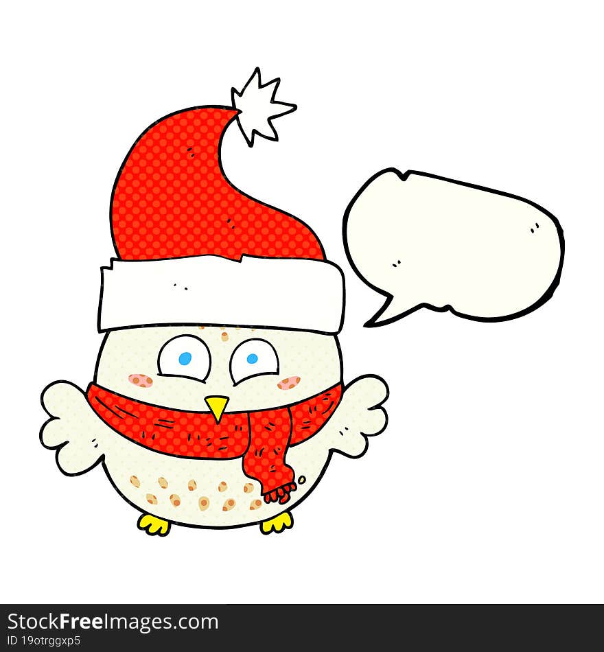 comic book speech bubble cartoon owl wearing christmas hat