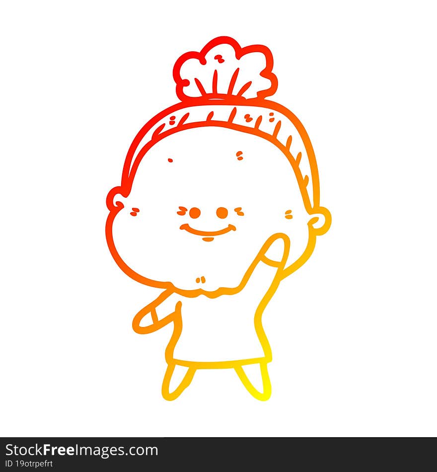 warm gradient line drawing of a cartoon happy old woman