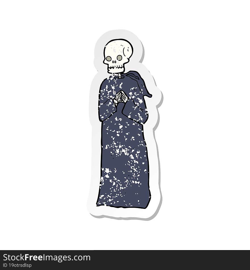 retro distressed sticker of a cartoon skeleton in black robe