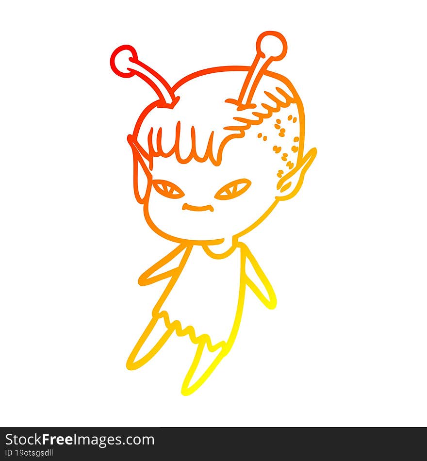 warm gradient line drawing of a cute cartoon alien girl