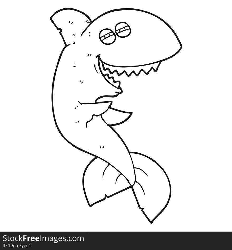 freehand drawn black and white cartoon laughing shark