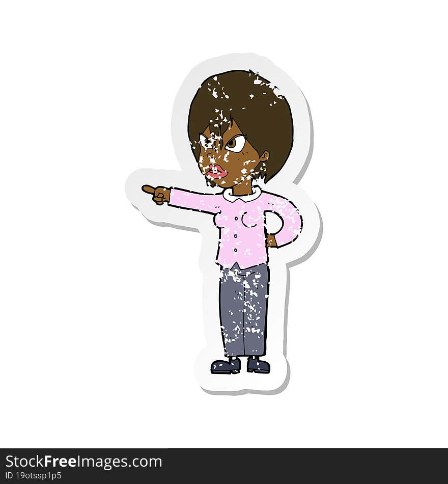 retro distressed sticker of a cartoon woman accusing