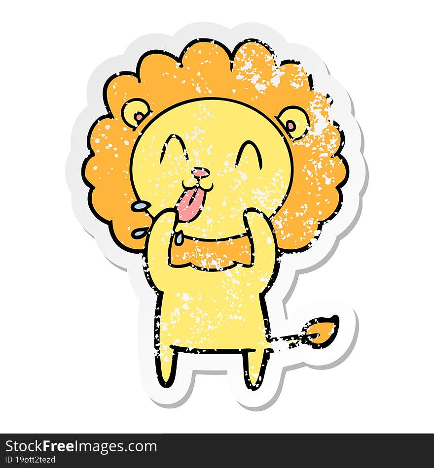 distressed sticker of a happy cartoon lion