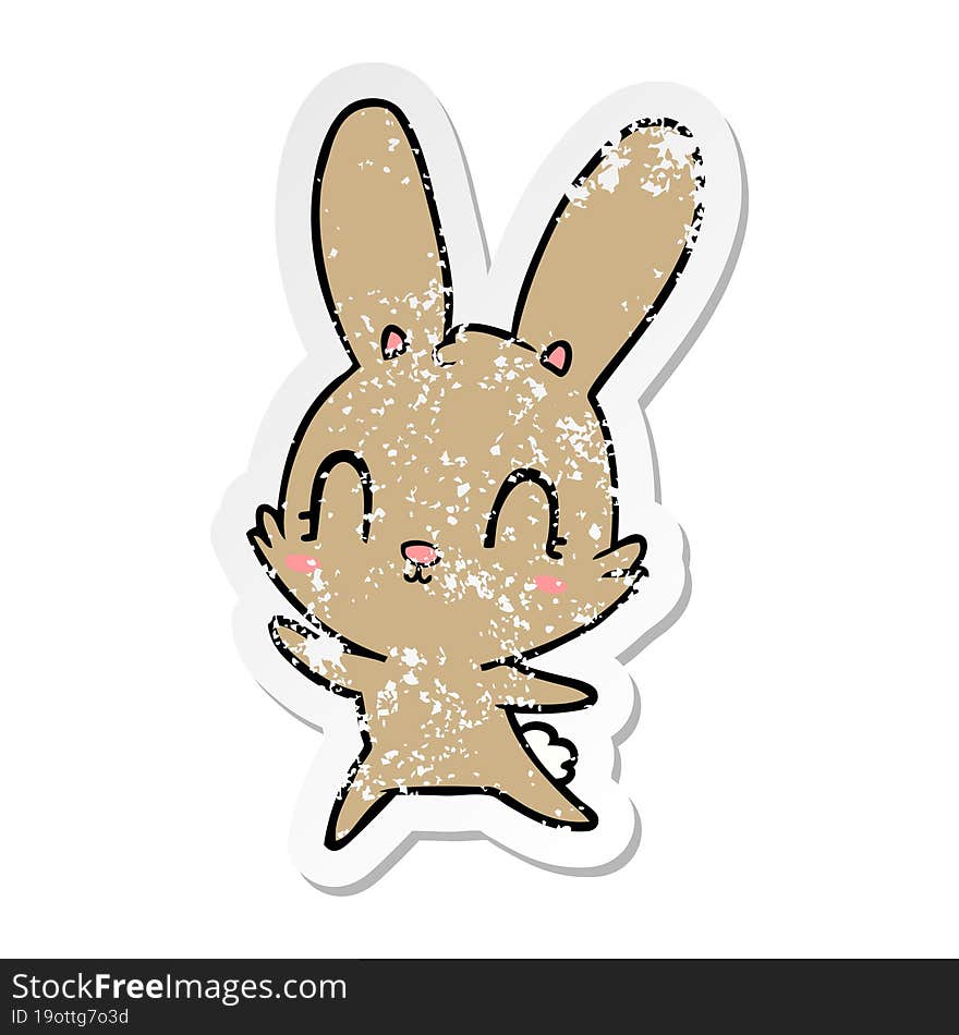 distressed sticker of a cute cartoon rabbit dancing