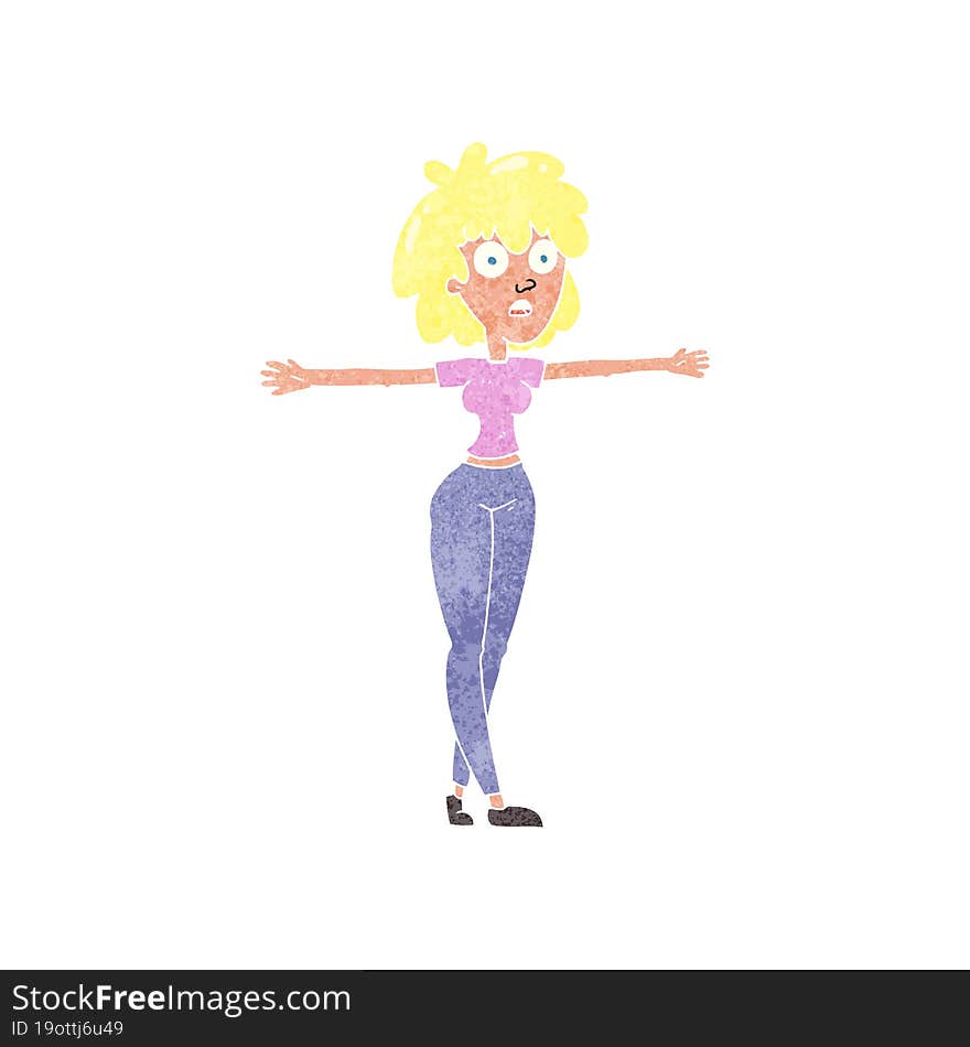 retro cartoon woman spreading arms