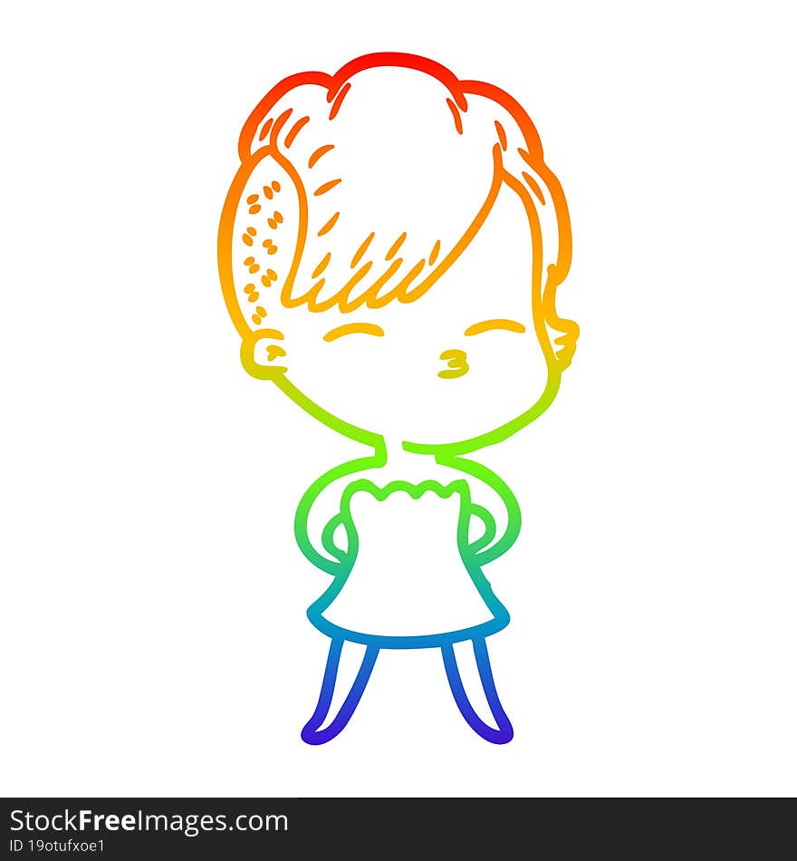 rainbow gradient line drawing cartoon squinting girl in dress