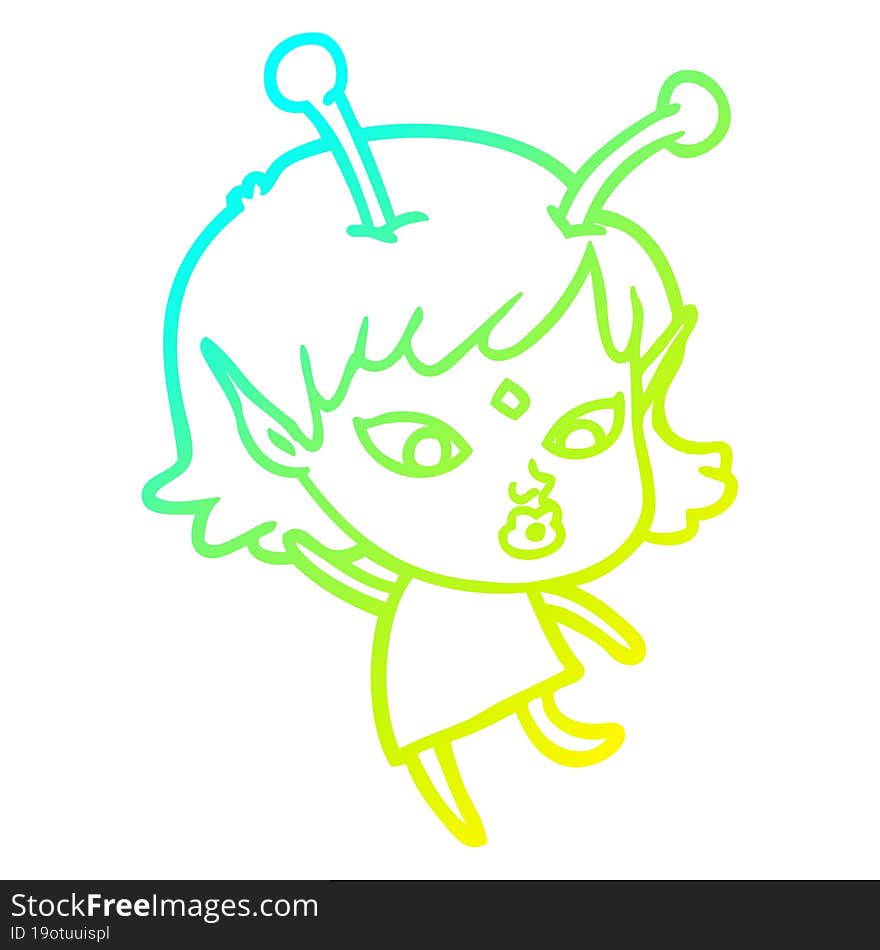 Cold Gradient Line Drawing Pretty Cartoon Alien Girl Dancing