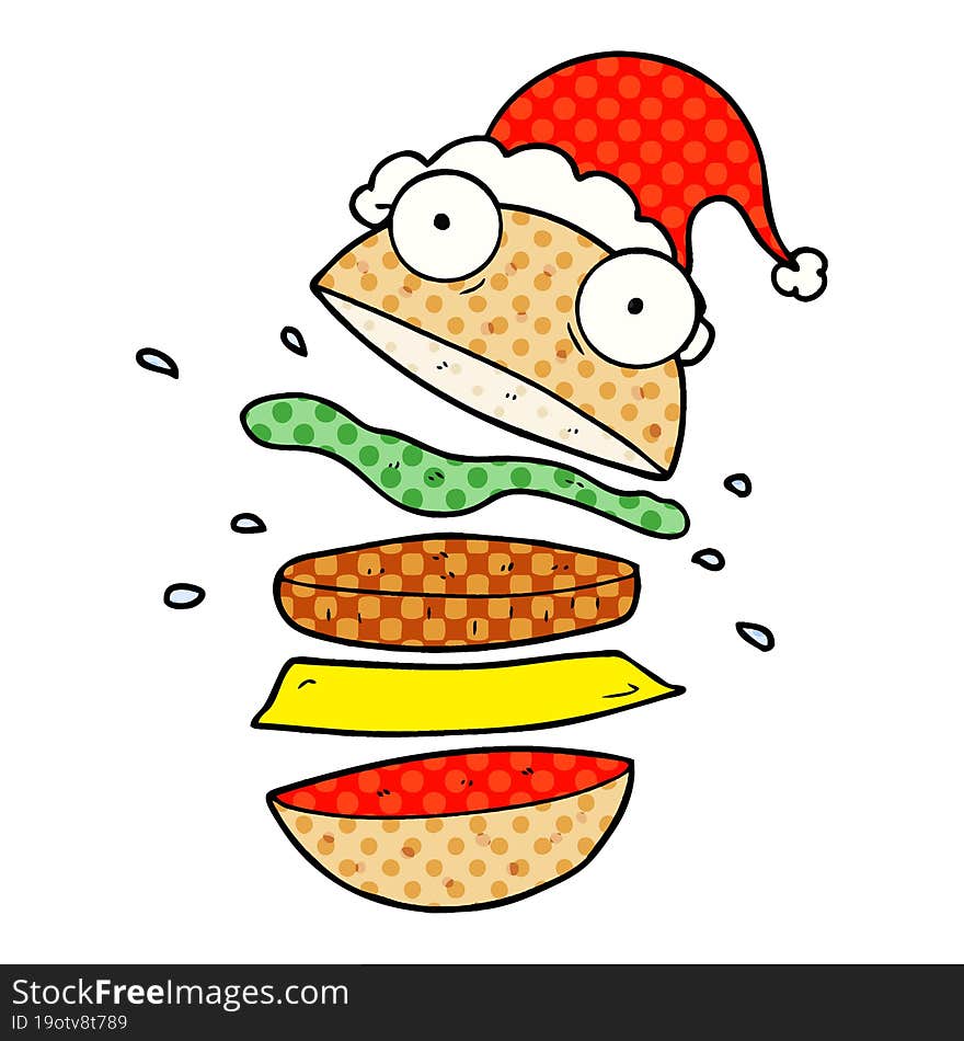 hand drawn comic book style illustration of a amazing burger wearing santa hat