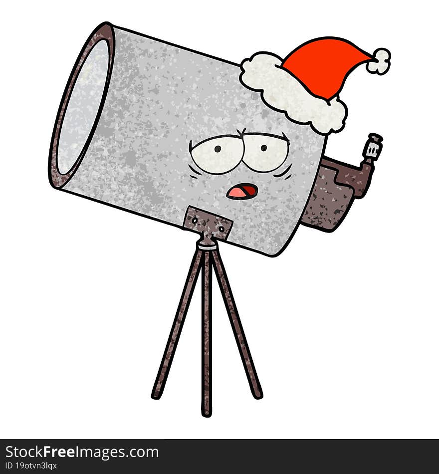 textured cartoon of a bored telescope with face wearing santa hat