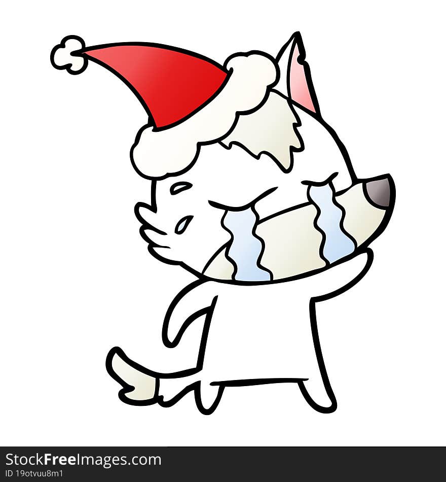 Gradient Cartoon Of A Crying Wolf Wearing Santa Hat