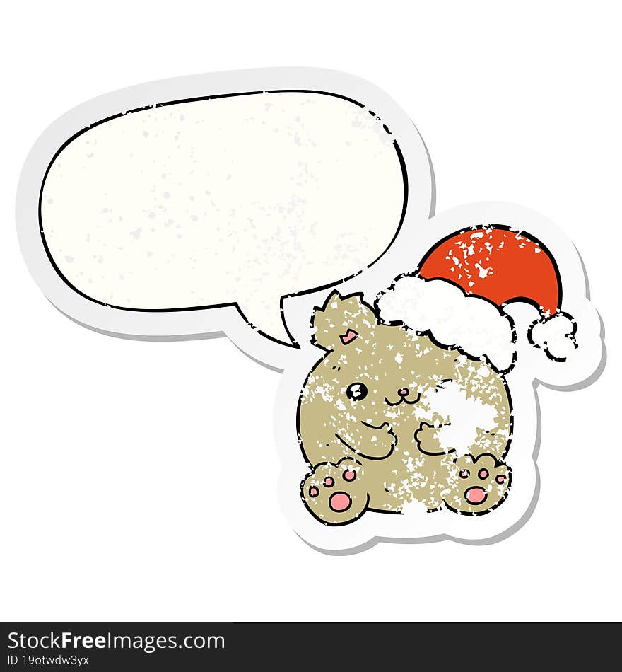 cute cartoon christmas bear with speech bubble distressed distressed old sticker. cute cartoon christmas bear with speech bubble distressed distressed old sticker