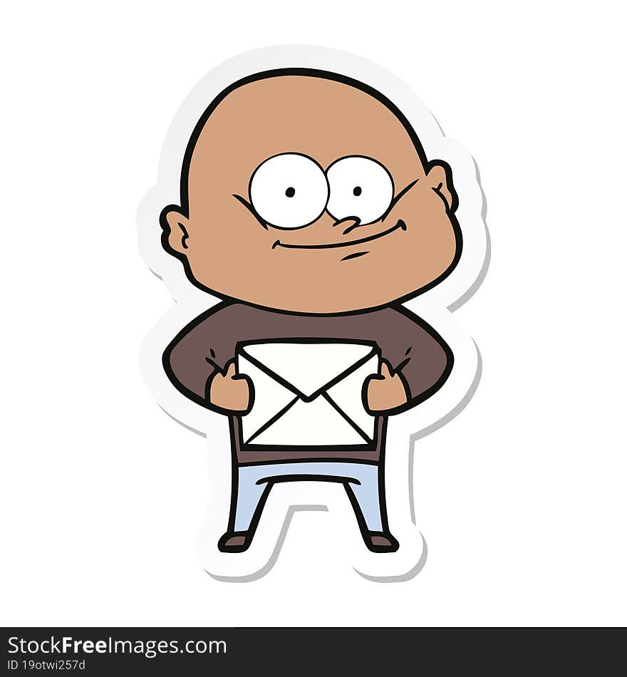 sticker of a cartoon bald man staring with letter