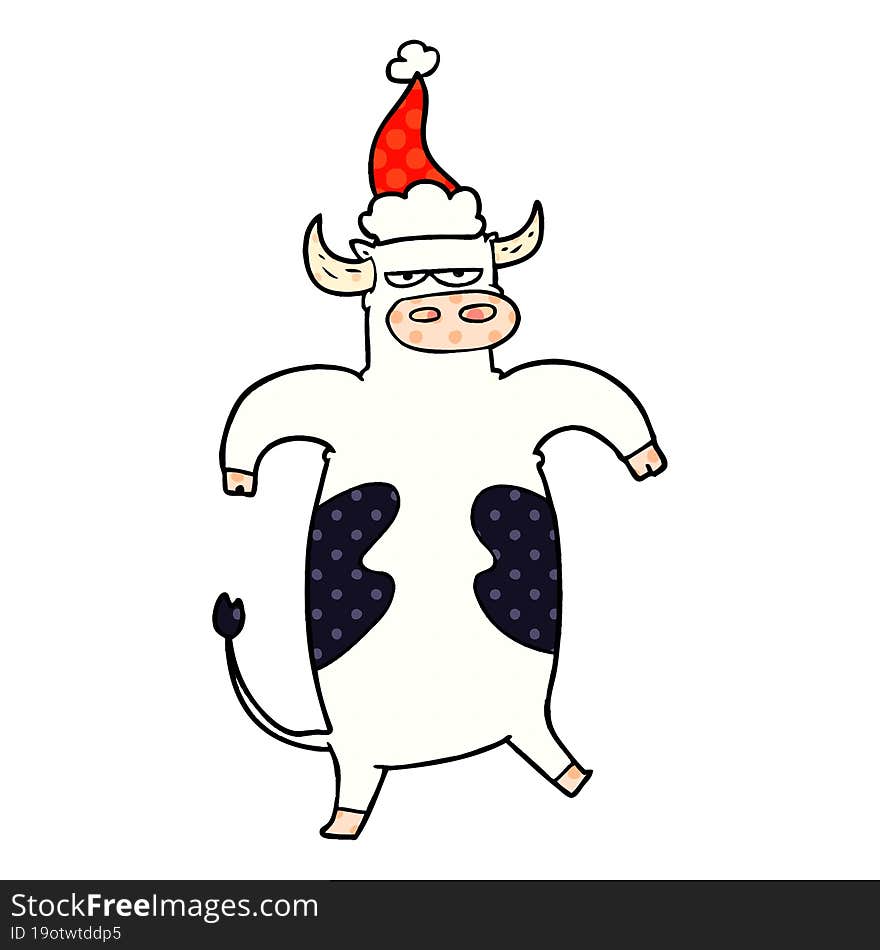 hand drawn comic book style illustration of a bull wearing santa hat