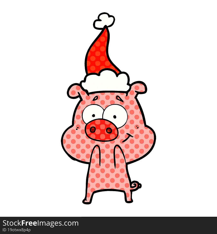 happy comic book style illustration of a pig wearing santa hat