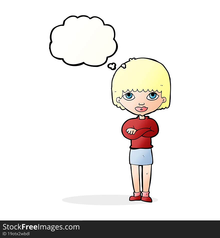 cartoon woman with folded arms with thought bubble