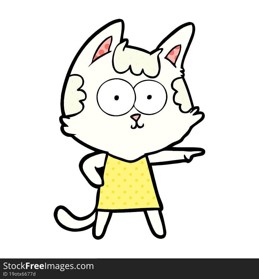 happy cartoon cat in dress pointing. happy cartoon cat in dress pointing