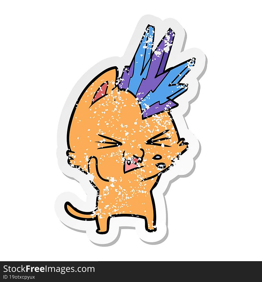 distressed sticker of a cartoon punk rock cat hissing