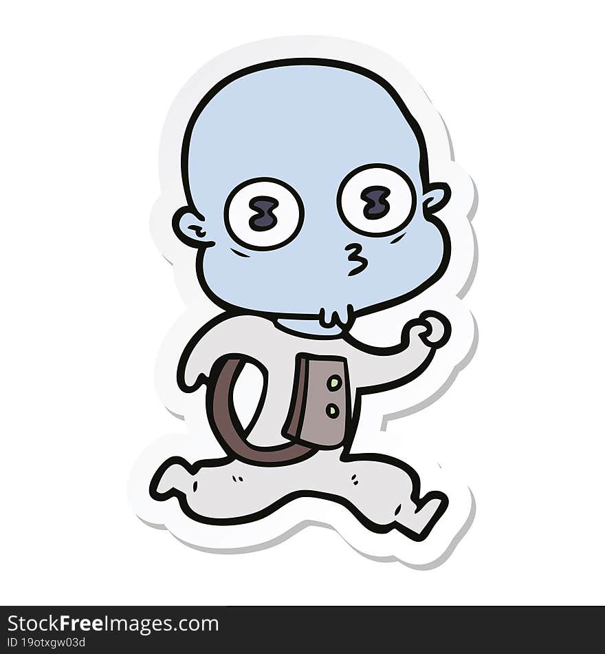 sticker of a cartoon weird bald spaceman running