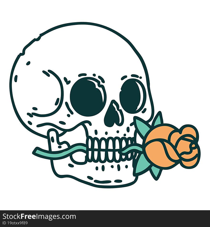 iconic tattoo style image of a skull and rose. iconic tattoo style image of a skull and rose