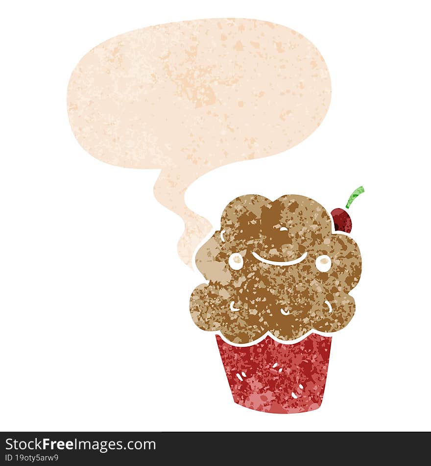 cartoon cupcake and speech bubble in retro textured style