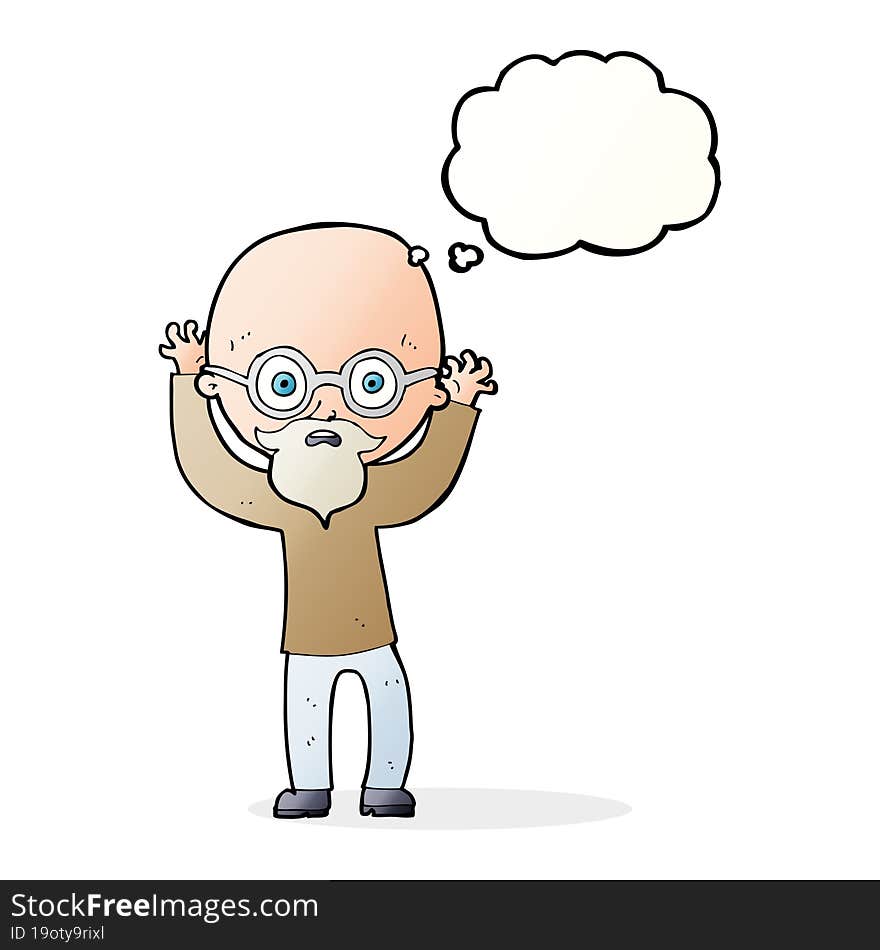 cartoon stressed bald man with thought bubble