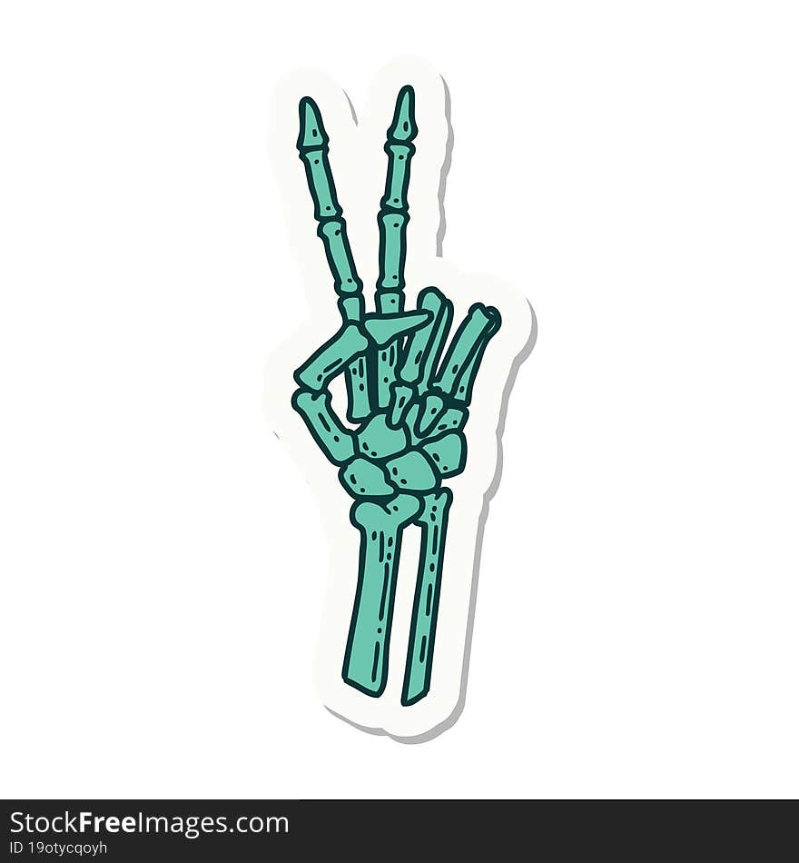 tattoo style sticker of a skeleton hand giving a peace sign