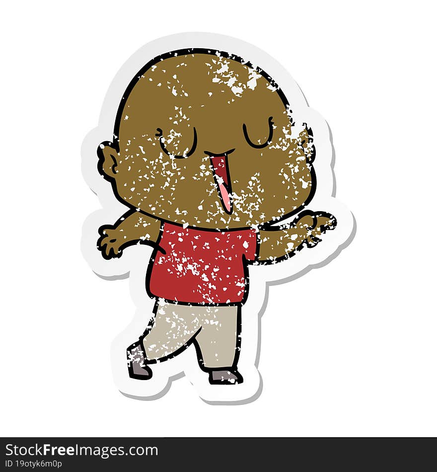 distressed sticker of a happy cartoon bald man