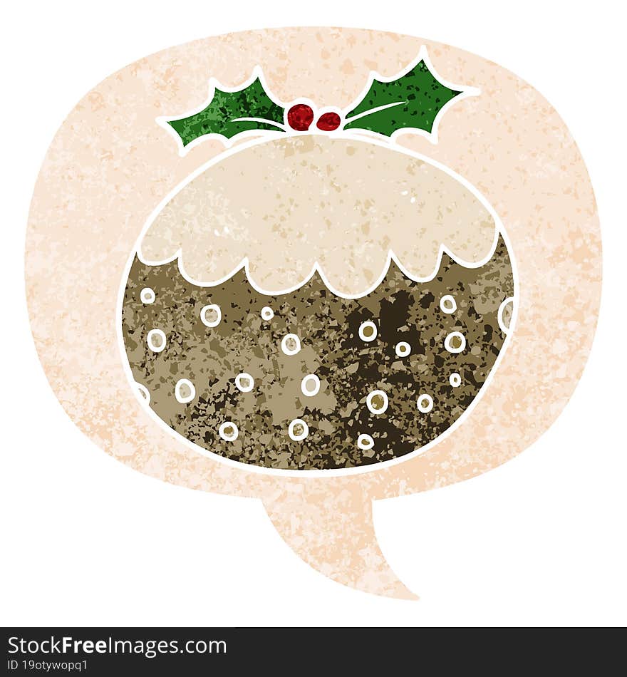 cartoon christmas pudding and speech bubble in retro textured style