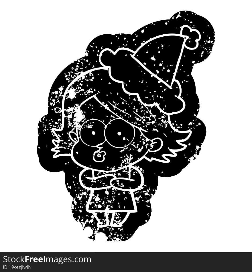 cartoon distressed icon of a girl pouting wearing santa hat