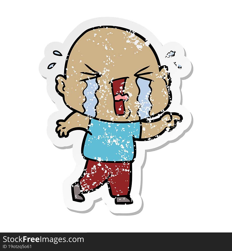 Distressed Sticker Of A Cartoon Crying Bald Man