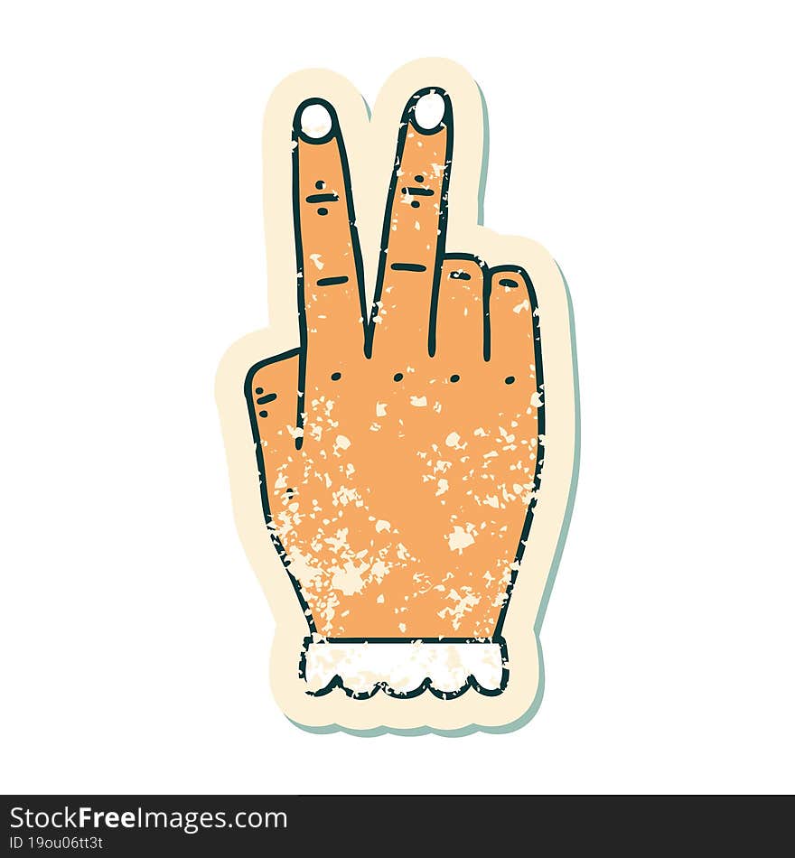 grunge sticker of a hand raising two fingers gesture. grunge sticker of a hand raising two fingers gesture